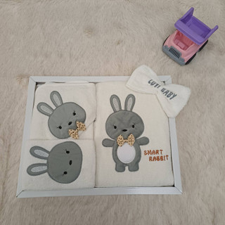 ست سیسمونی ۴ تیکه Lovi Baby جعبهای طرح خرگوش طوسی (تنپوش+کلاهدار+دستی+لیف) بدون پرز و حساسیت نخی نرم اصل با گارانتی - موجودی محدود