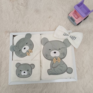 ست سیسمونی ۴ تیکه Lovi Baby جعبهای طرح خرس طوسی (تنپوش+کلاهدار+دستی+لیف) بدون پرز و حساسیت نخی نرم اصل با گارانتی - موجودی محدود